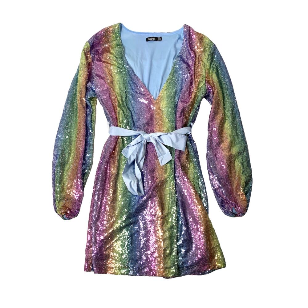 BOOHOO Rainbow Sequin Mini Dress Size 4